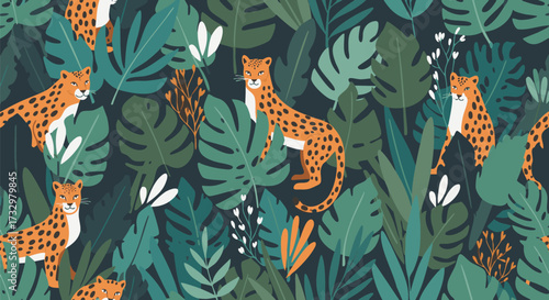 A vibrant, seamless jungle pattern features playful leopards amidst lush tropical foliage