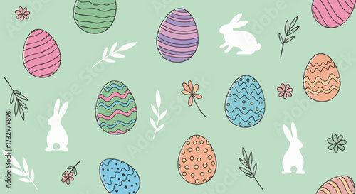 Pastel Easter seamless pattern vector background featuring doodle-style decorated eggs, white bunny silhouettes, and spring flowers on a light green background