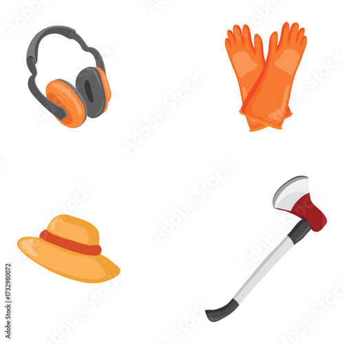 Set of four work-related items earmuffs, gloves, hat and axe, isolated on a white background, representing safety and labor