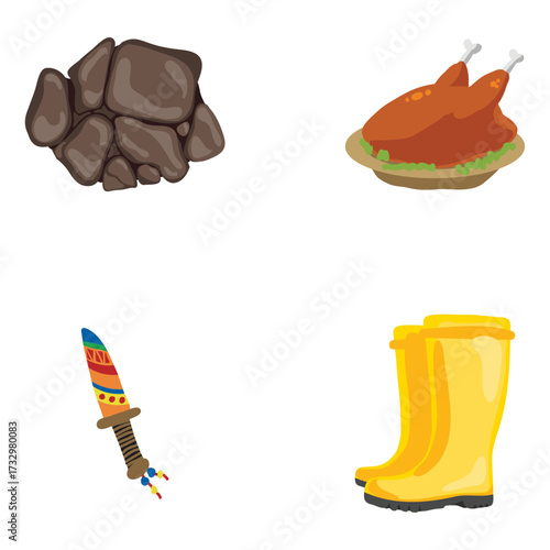 Collection of rustic, domestic, and survival items boots, roasted fowl, a decorative knife, and stones