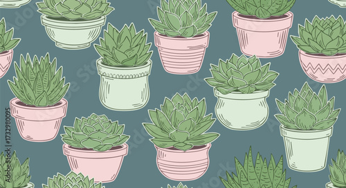 Seamless pattern of cute potted succulents and cacti in a charming hand-drawn style