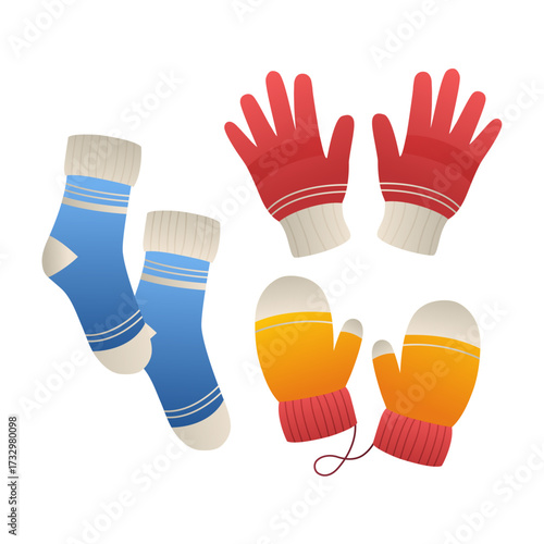 Winter Clothing Essentials Cozy Blue Socks, Red and White Mittens, and Warm Orange and Yellow Gloves