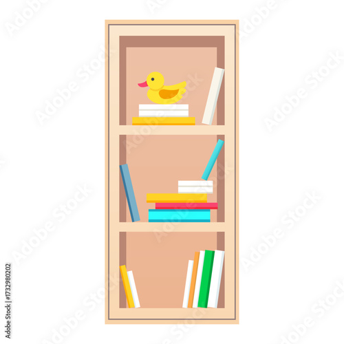 A tall, slender wooden bookshelf filled with colorful books and a cheerful yellow rubber duck toy