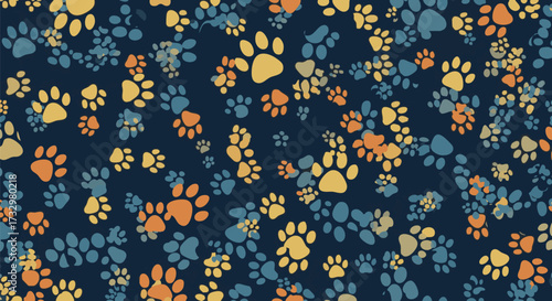 Vibrant seamless pattern of multicolored dog paw prints scattered across a deep navy blue background