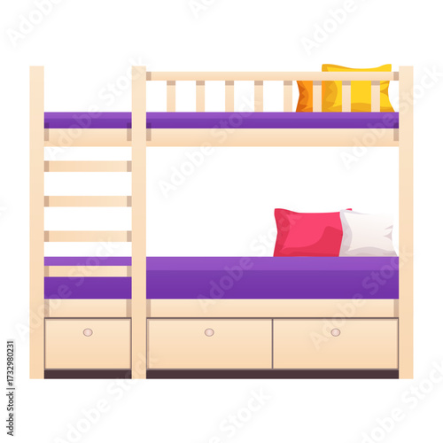 Modern wooden bunk bed with drawers and colorful pillows, comfortable sleeping furniture