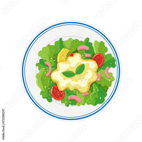Fresh Salad with Creamy Dressing and Cherry Tomatoes on a White Plate