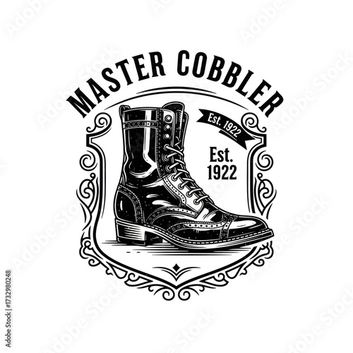 A vintage-style illustration of a master cobbler's boot, featuring intricate detailing and the establishment date.