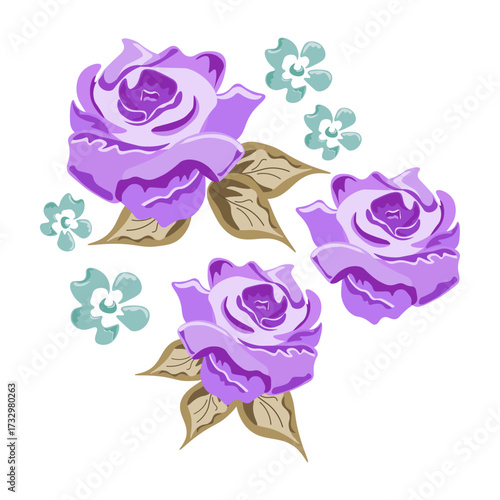 Beautiful illustration of purple roses and small blue flowers on a white background