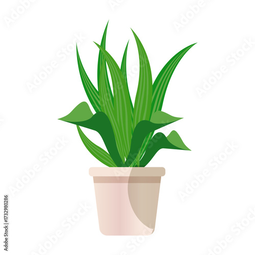 Illustration of a Green Plant in a Light Pink Pot with a White Background