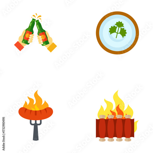 Set of four vector illustrations depicting various food and drink items and activities