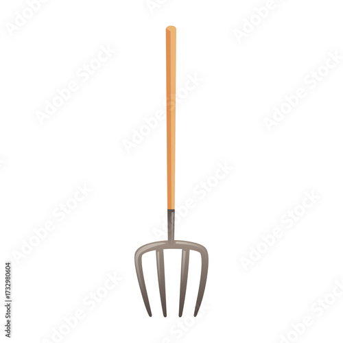 A sturdy garden pitchfork with a wooden handle, ready for tilling soil and moving hay