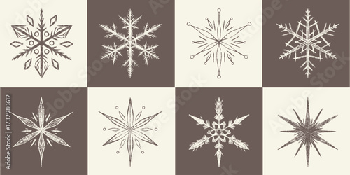 Chalk hand drawn grunge snowflakes set. Sketch crayon frosty crystals. Winter doodle pastel textured decoration, whimsical detailed snow ornament. Christmas, seasonal art. Vector illustration isolated