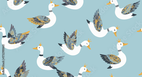 A whimsical seamless pattern features white geese wearing golden crowns against a light blue background