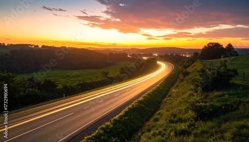 Golden Hour Drive - A Road Illuminated by Sunsets Glow.