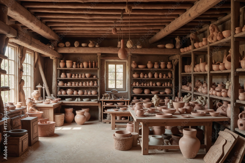 Obraz premium Empty pottery workshop displaying shelves filled with handmade clay pots, vases, and sculptures, sunlight streaming through window illuminating rustic workspace, no people present