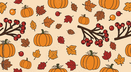 Charming seamless pattern featuring classic autumn elements like orange pumpkins, colorful falling leaves, and red berries on a light background
