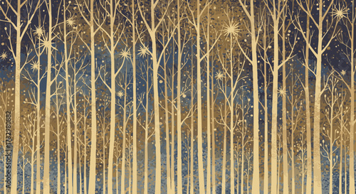 Abstract golden forest scene with bare trees and star-like embellishments against a deep blue and brown textured background. Evokes magic and wonder