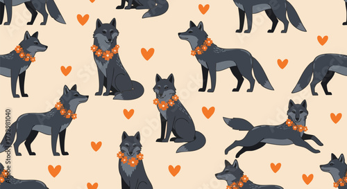 Charming illustration of dark grey wolves with floral collars and orange hearts on a beige background, perfect for fabric or stationery designs