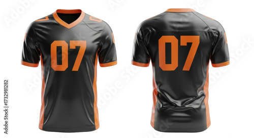 Front and back view of a black and orange football jersey with the number seven displayed.
