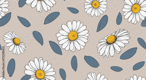 Cheerful hand-drawn seamless pattern featuring white daisy flowers with yellow centers and scattered blue petals