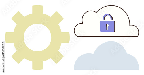 Gear for integration, two clouds, and padlock indicating cloud security, data management, and system connectivity. Ideal for cloud computing, data safety, software, networking technology privacy
