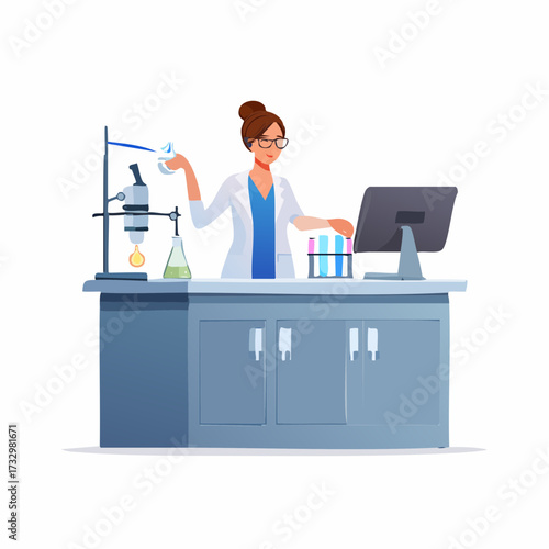 A female scientist meticulously operates laboratory equipment, focused on research. Clean, modern lab setting. Illustrative style.