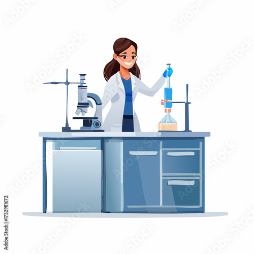 A female scientist meticulously operates laboratory equipment, focused on research. Clean, modern lab setting. Illustrative style.