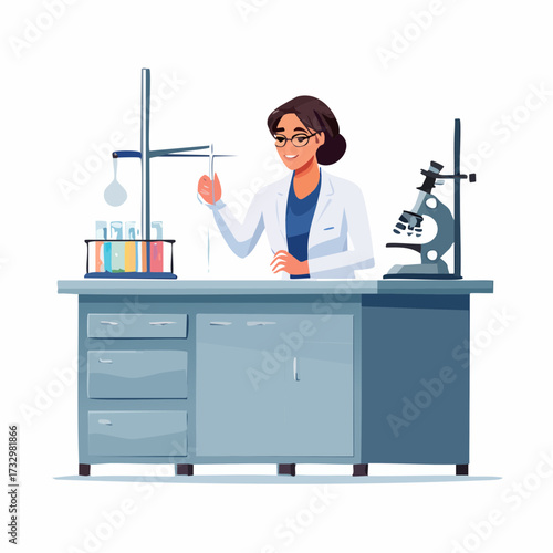 A female scientist meticulously operates laboratory equipment, focused on research. Clean, modern lab setting. Illustrative style.