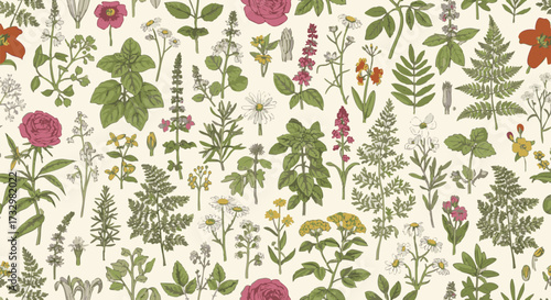 Detailed seamless pattern of hand-drawn botanical illustrations featuring wild herbs, medicinal plants, and various colorful flowers on a cream backdrop