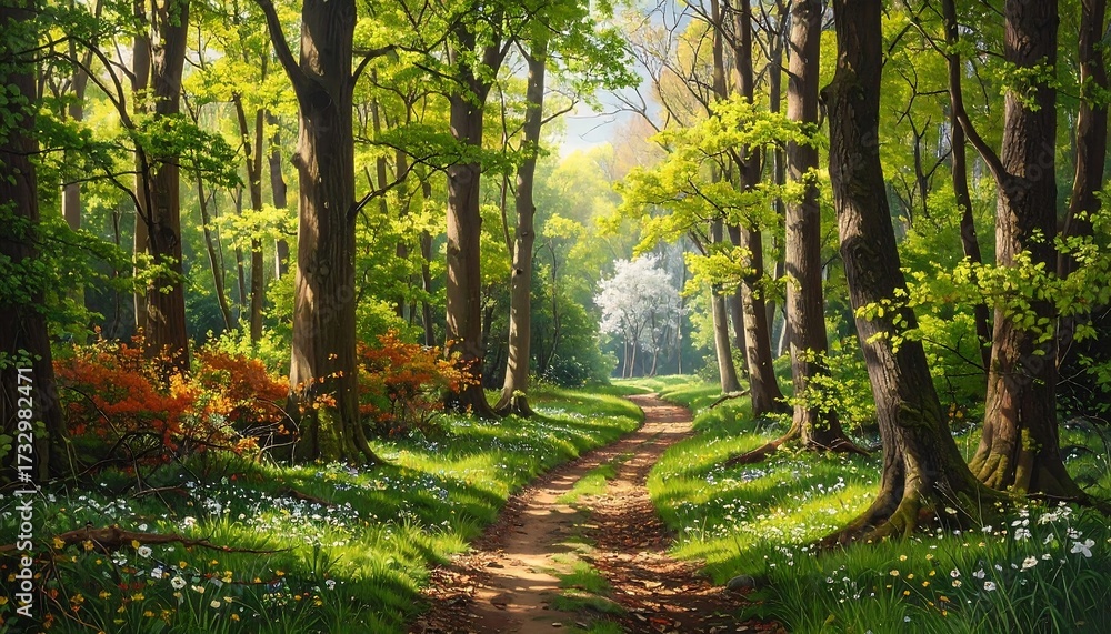 Fototapeta premium Sunny path through a vibrant spring forest