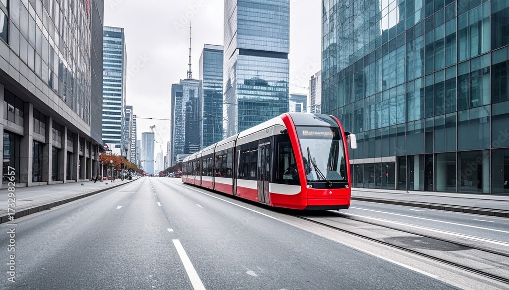 Obraz premium A modern red and white tram travels along a wide city street lined with towering glass skyscrapers reflecting the urban environment.