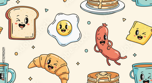A charming breakfast-themed pattern. Featuring illustrated cartoon food characters like toast, egg, sausage, cheese, croissant and pancakes