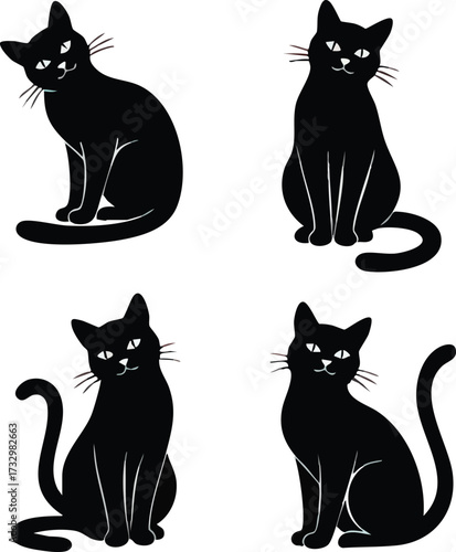 Four stylized black cat illustrations in various poses, with attentive expressions and curled tails.