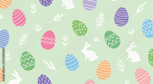 A bright, cheerful seamless vector pattern featuring colorful, decorated Easter eggs, white rabbit silhouettes, and spring floral doodles