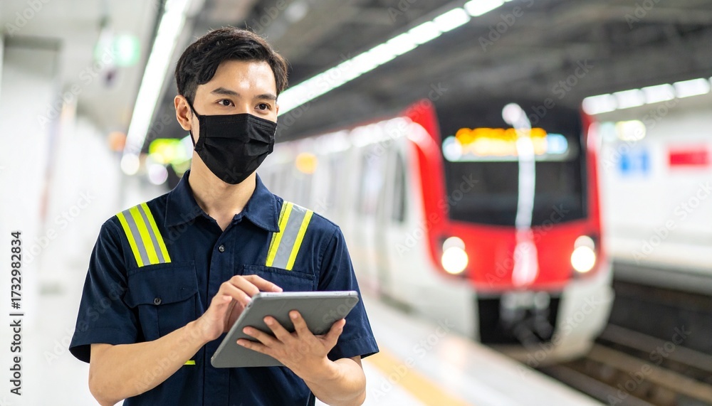 Obraz premium Asian engineer in a face mask using a digital tablet for maintenance and inspection of a subway train at the station platform