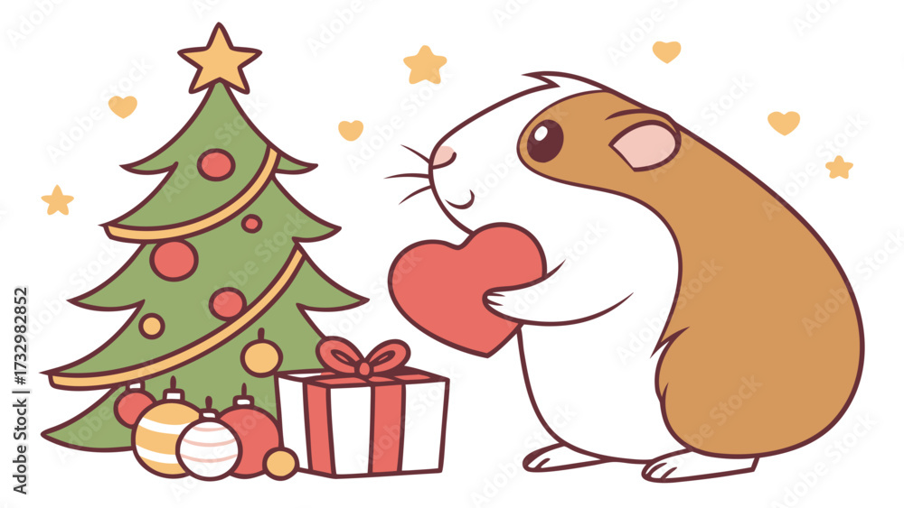 Obraz premium Cute SVG of a Gentle Guinea pig in Festive Cheer colors, featuring holding a heart in a Christmas setting