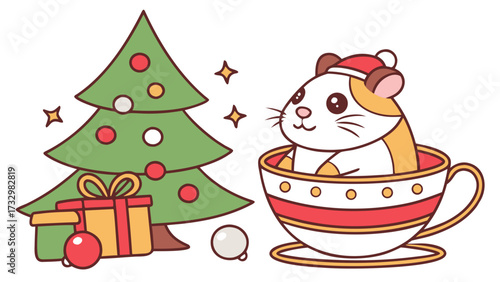 Funny Guinea pig with in a teacup, set in a charming Christmas theme – Festive Cheer color vector art