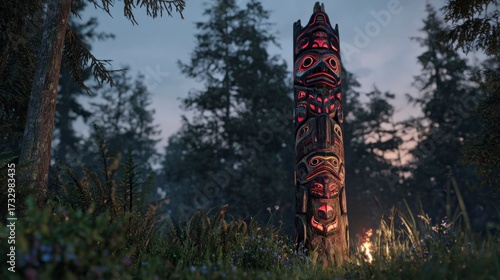 Carved totem pole in forest