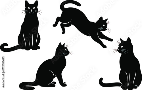 Four black cat silhouettes in different poses: sitting, jumping, and looking.