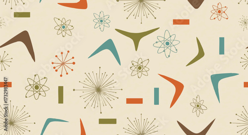 Mid-century modern atomic and boomerang pattern with a retro aesthetic