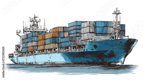 Professional Drawing of Container Ship with Large Containers for Transportation