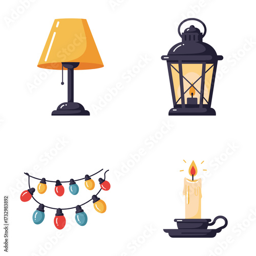 Various lighting options including lamp, lantern, string lights, candle  