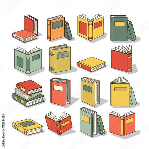 A colorful collection of handdrawn style books shown open closed and stacked in an illustrated set.