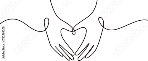 Black abstract line art forming heart shape with hands love