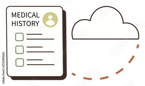 Medical history file with checklist and profile icon linked to a cloud outline for data sharing and storage. Ideal for healthcare, technology, health management, cloud services, digital