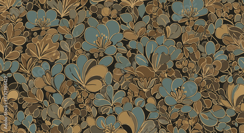 Seamless retro floral pattern with abstract teal flowers and olive green foliage on a dark background. Decorative vintage 70s design