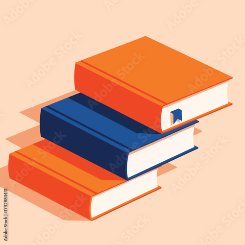 A colorful stack of three hardcover books two orange and one blue with a bookmark.