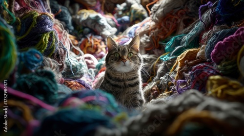 Cat amidst colorful yarn