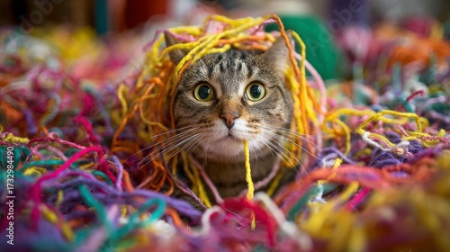 Cat in colorful yarn pile