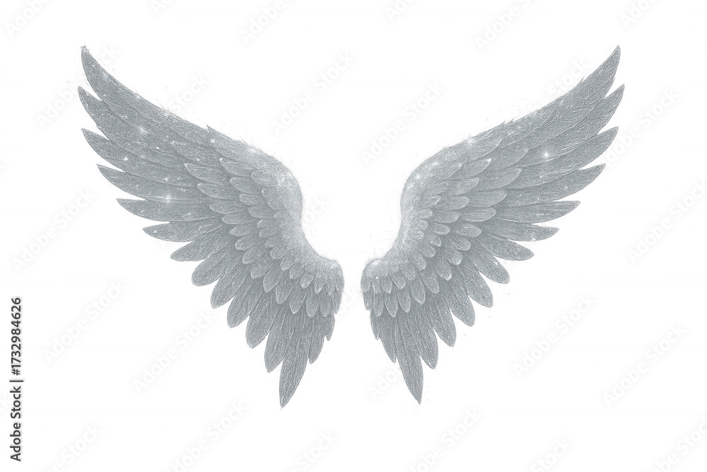 Fototapeta premium Glittering silver angel wings with sparkling feathers on transparent background representing ethereal purity and freedom